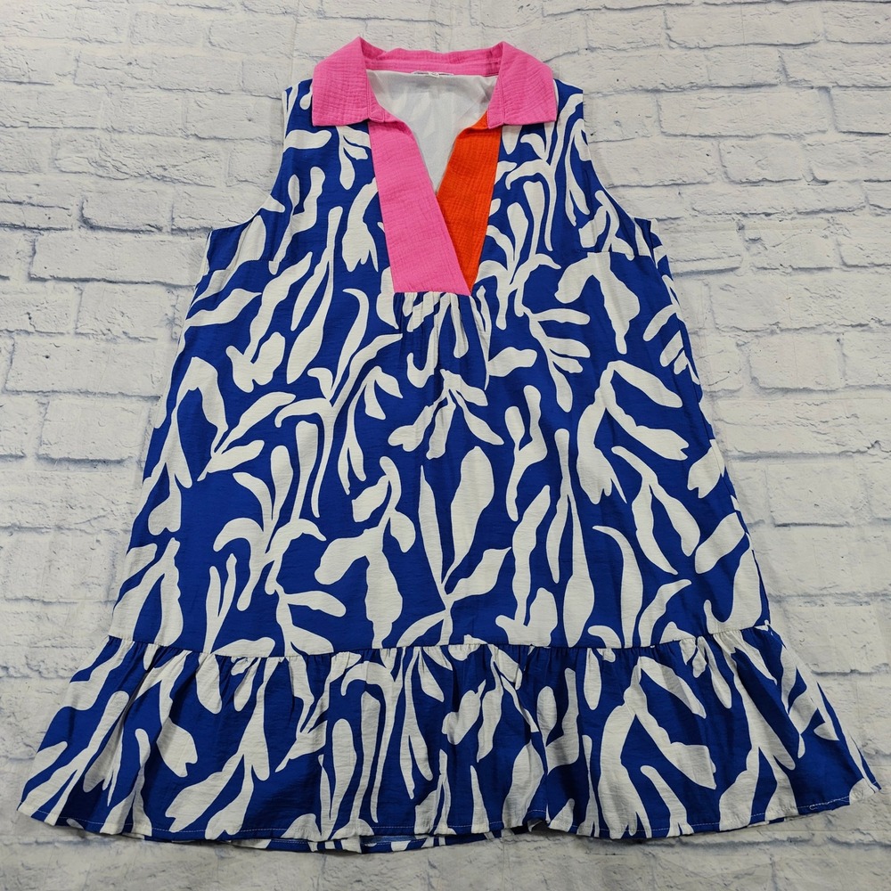THML Catch Feelings Dress Womens XL Blue White Abstract Ruffle Hem Shift
